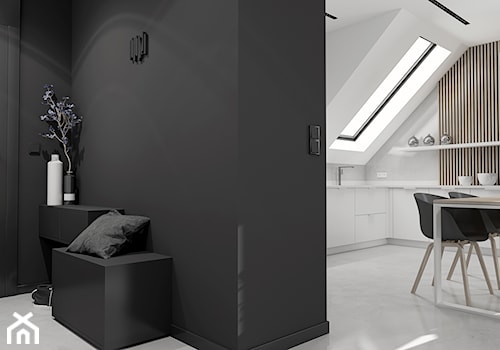 Projekt minimalistycznego salonu D02_2019 Jaworzno - Mały z wieszakiem czarny hol / przedpokój, styl minimalistyczny - zdjęcie od Aretzky Design
