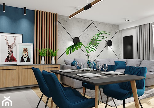 Projekt nowoczesnego mieszkania M01_2019 Wrocław - Średni niebieski szary salon z jadalnią, styl nowoczesny - zdjęcie od Aretzky Design