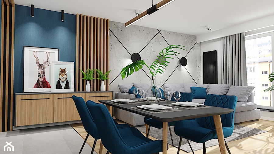 Projekt nowoczesnego mieszkania M01_2019 Wrocław - Średni niebieski szary salon z jadalnią, styl nowoczesny - zdjęcie od Aretzky Design