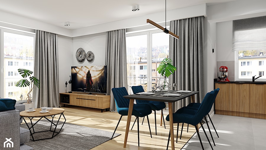 Projekt nowoczesnego mieszkania M01_2019 Wrocław - Średni biały salon z kuchnią z jadalnią, styl nowoczesny - zdjęcie od Aretzky Design