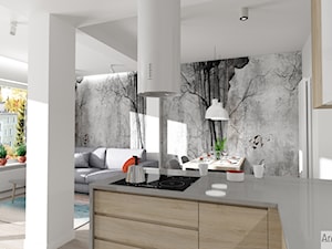 Projekt mieszkania w stylu nowoczesnym M01_2018 Świdnica - Średni biały szary salon z kuchnią z jadalnią, styl minimalistyczny - zdjęcie od Aretzky Design
