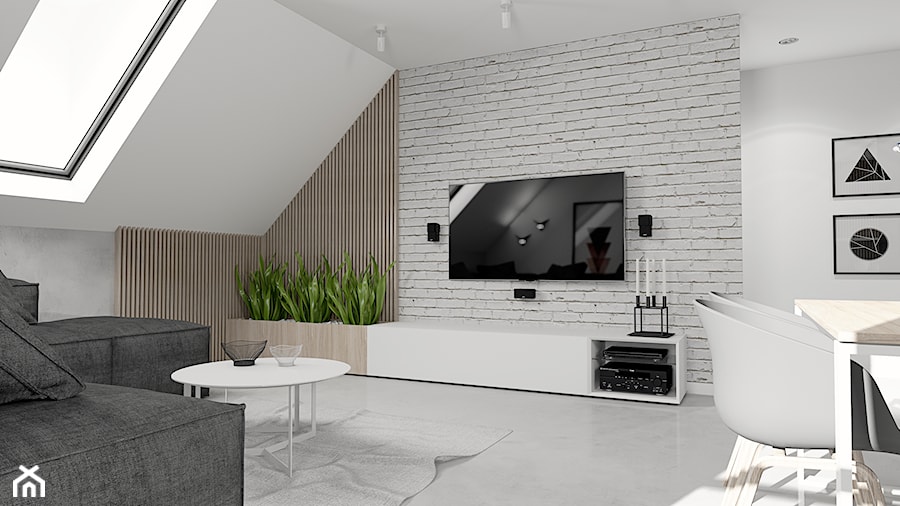 Projekt minimalistycznego salonu D02_2019 Jaworzno - Średni biały szary salon z jadalnią, styl minimalistyczny - zdjęcie od Aretzky Design