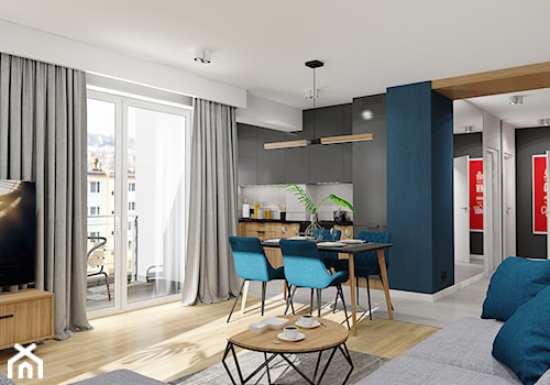 Projekt nowoczesnego mieszkania M01_2019 Wrocław - Średni czarny szary salon z kuchnią z jadalnią, styl nowoczesny - zdjęcie od Aretzky Design