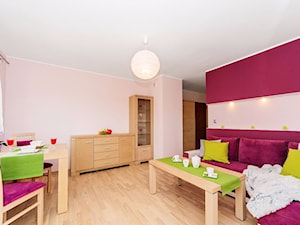 Mały różowy salon z jadalnią z barkiem, styl tradycyjny - zdjęcie od Joanna Sokołowska 4