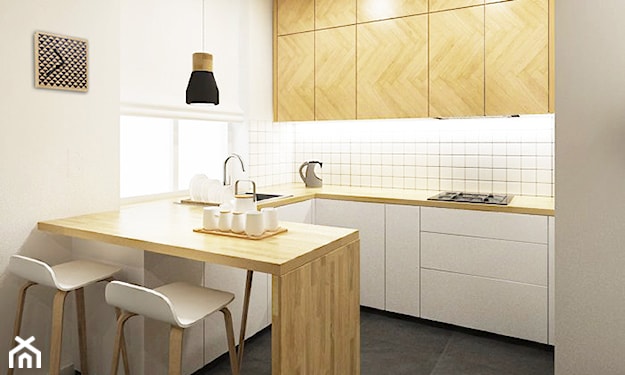 biała kuchnia w stylu skandynawskim, szare płytki podłogowe, drewniany blat kuchenny