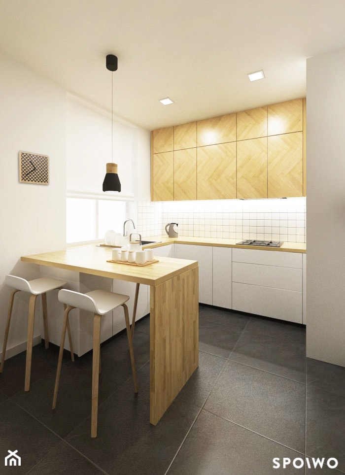 M3 Bronowice - Średnia otwarta z salonem biała z zabudowaną lodówką kuchnia w kształcie litery l, styl skandynawski - zdjęcie od SPOIWO studio
