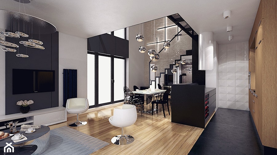 APARTAMENT AQUARIUM - Duży czarny salon z kuchnią z jadalnią, styl nowoczesny - zdjęcie od Luk Studio Pracownia Projektowa