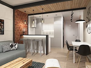 MIESZKANIE BROWAR GDAŃSKI - Mały beżowy salon z kuchnią z jadalnią, styl industrialny - zdjęcie od Luk Studio Pracownia Projektowa