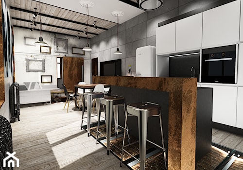 APARTAMENT SOPOT - Średnia otwarta z salonem z kamiennym blatem czarna szara z zabudowaną lodówką z lodówką wolnostojącą kuchnia dwurzędowa, styl industrialny - zdjęcie od Luk Studio Pracownia Projektowa
