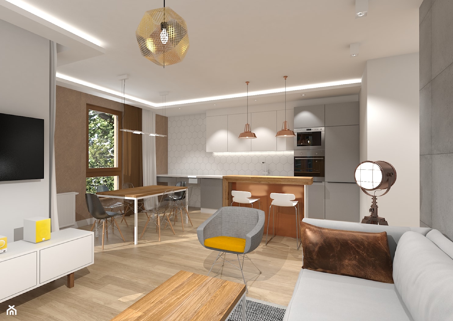 APARTAMENT W SOPOCIE - Średni beżowy biały salon z kuchnią z jadalnią, styl industrialny - zdjęcie od Luk Studio Pracownia Projektowa - Homebook