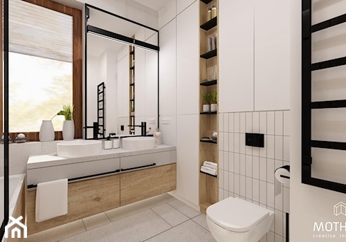 MOTHI.FORM ⋅ INDUSTRIALNY DOM ⋅ KOKOTÓW - Średnia z lustrem z dwoma umywalkami łazienka z oknem, styl industrialny - zdjęcie od MOTHI.form