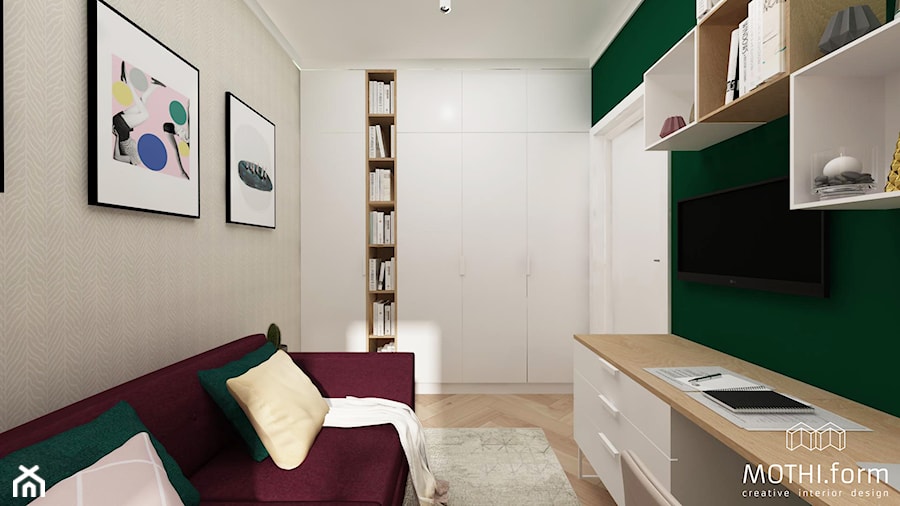 MOTHI.FORM ⋅ JASNY DOM W KOKOTOWIE - Średnie w osobnym pomieszczeniu z sofą szare zielone biuro, styl nowoczesny - zdjęcie od MOTHI.form