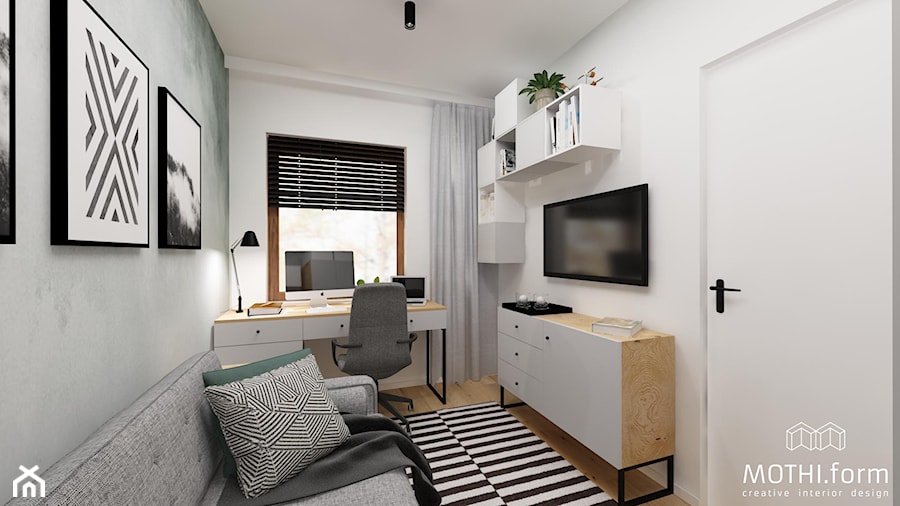 MOTHI.FORM ⋅ INDUSTRIALNY DOM ⋅ KOKOTÓW - Średnie w osobnym pomieszczeniu z sofą białe szare zielone biuro, styl nowoczesny - zdjęcie od MOTHI.form