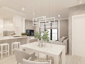 MOTHI.FORM ⋅ MIESZKANIE MONOCHROMATYCZNE ⋅ KRAKÓW - Średnia biała szara jadalnia w salonie w kuchni, styl nowoczesny - zdjęcie od MOTHI.form