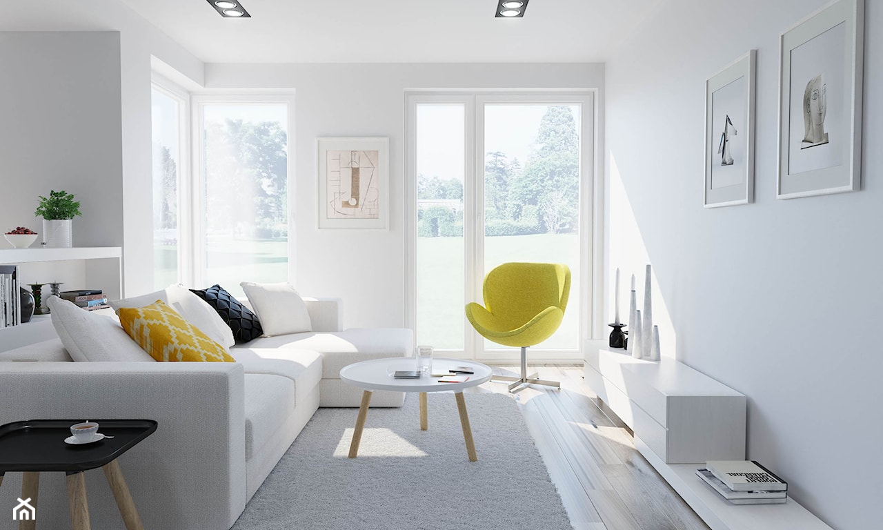 minimalistyczny salon, biała sofa, żółty fotel, okrągły stolik