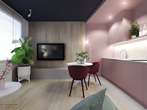 Mieszkanie na wynajem krótkoterminowy - Średni różowy szary salon z kuchnią z jadalnią, styl nowoczesny - zdjęcie od Agata Hann Architektura Wnętrz