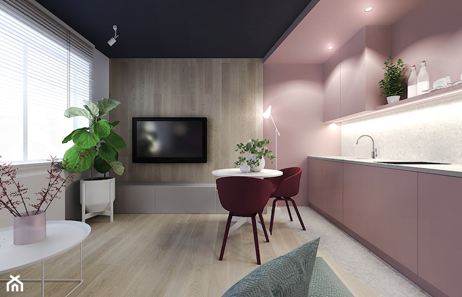 Mieszkanie na wynajem krótkoterminowy - Średni różowy szary salon z kuchnią z jadalnią, styl nowoczesny - zdjęcie od Agata Hann Architektura Wnętrz