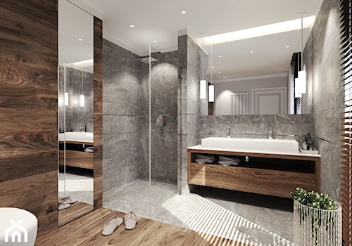 Dom Magdy. - Średnia jako pokój kąpielowy z dwoma umywalkami z punktowym oświetleniem łazienka z oknem, styl nowoczesny - zdjęcie od Agata Hann Architektura Wnętrz