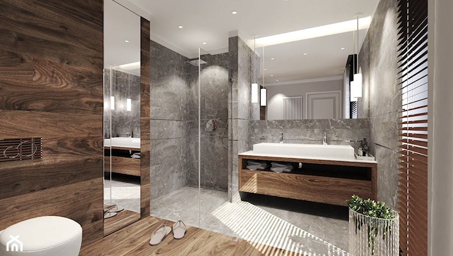 Dom Magdy. - Średnia jako pokój kąpielowy z dwoma umywalkami z punktowym oświetleniem łazienka z oknem, styl nowoczesny - zdjęcie od Agata Hann Architektura Wnętrz