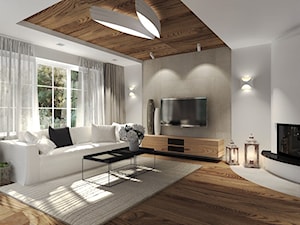 Dom z dużą ilością drewna. - Duży beżowy biały salon, styl nowoczesny - zdjęcie od Agata Hann Architektura Wnętrz