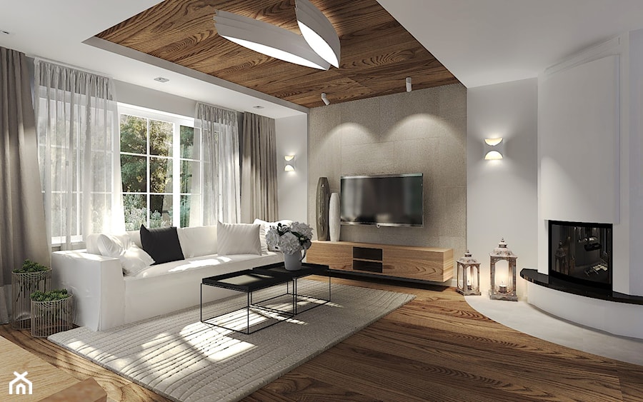 Dom z dużą ilością drewna. - Duży beżowy biały salon, styl nowoczesny - zdjęcie od Agata Hann Architektura Wnętrz