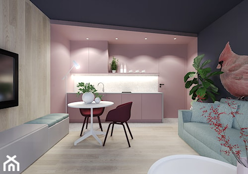 Mieszkanie na wynajem krótkoterminowy - Mały niebieski różowy salon z kuchnią z jadalnią, styl nowoczesny - zdjęcie od Agata Hann Architektura Wnętrz
