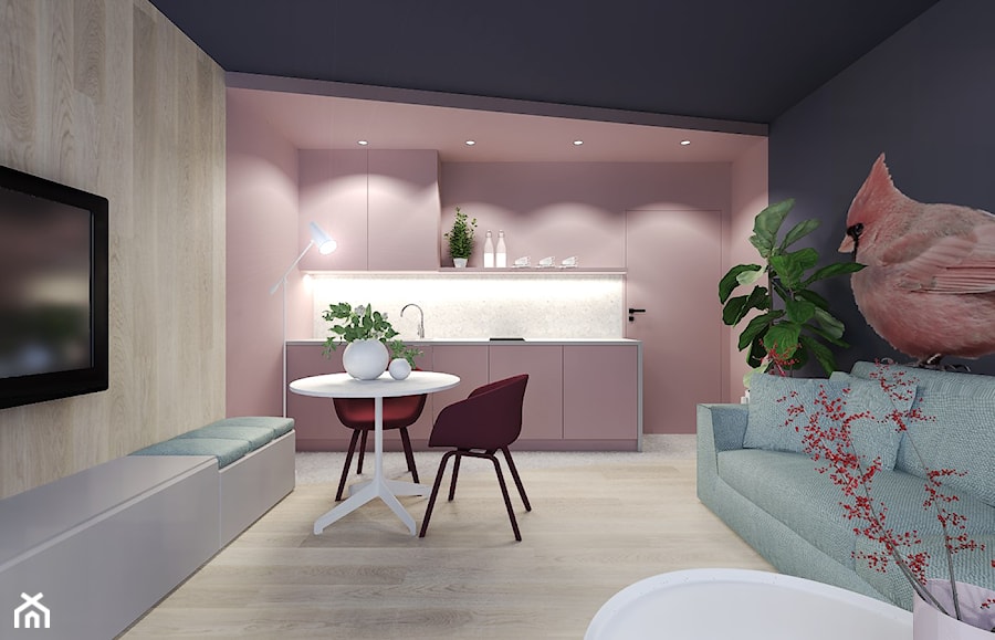 Mieszkanie na wynajem krótkoterminowy - Mały niebieski różowy salon z kuchnią z jadalnią, styl nowoczesny - zdjęcie od Agata Hann Architektura Wnętrz