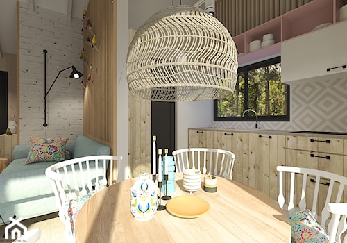 Dom letniskowy na wynajem - Mały biały salon z kuchnią z jadalnią, styl skandynawski - zdjęcie od Agata Hann Architektura Wnętrz