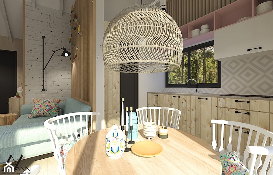 Dom letniskowy na wynajem - Mały biały salon z kuchnią z jadalnią, styl skandynawski - zdjęcie od Agata Hann Architektura Wnętrz