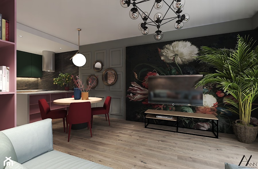 Mieszkanie z akcentem flamandzkim - Średni szary salon z kuchnią z jadalnią, styl tradycyjny - zdjęcie od Agata Hann Architektura Wnętrz