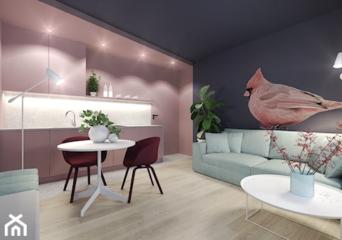 Mieszkanie na wynajem krótkoterminowy - Średni czarny różowy salon z kuchnią z jadalnią, styl nowoc ... - zdjęcie od Agata Hann Architektura Wnętrz