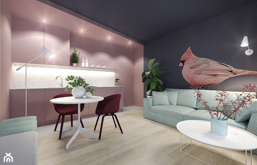 Mieszkanie na wynajem krótkoterminowy - Średni czarny różowy salon z kuchnią z jadalnią, styl nowoczesny - zdjęcie od Agata Hann Architektura Wnętrz