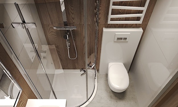 mała łazienka, szare płytki łazienkowe, płytki gresowe imitujące drewno