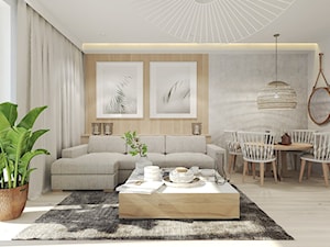 Mieszkanie w Słupsku w zabudowie szeregowej - Duży beżowy biały salon z jadalnią, styl skandynawski - zdjęcie od Agata Hann Architektura Wnętrz