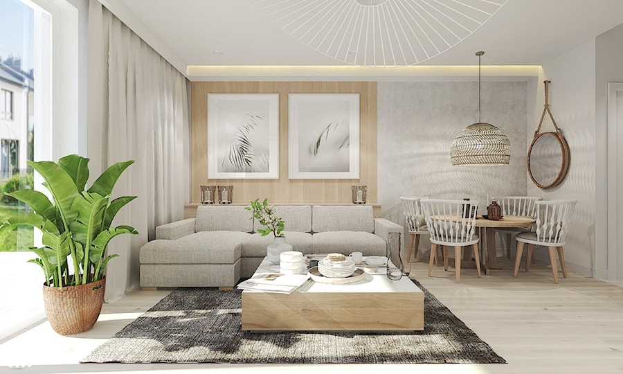 Mieszkanie w Słupsku w zabudowie szeregowej - Duży beżowy biały salon z jadalnią, styl skandynawski - zdjęcie od Agata Hann Architektura Wnętrz