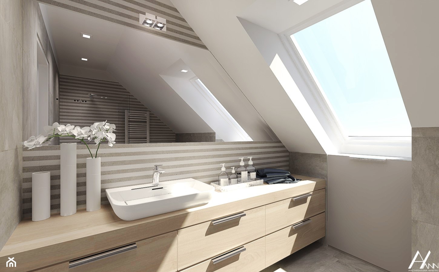 Średnia na poddaszu łazienka z oknem, styl nowoczesny - zdjęcie od Agata Hann Architektura Wnętrz - Homebook