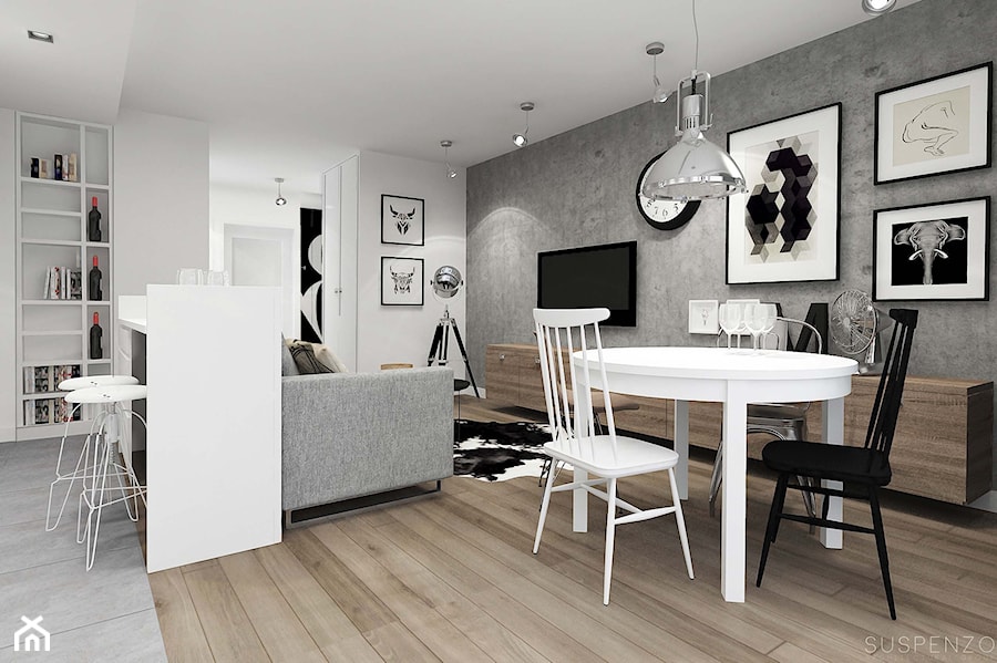 suspenzo_no.10 - Mały biały szary salon z kuchnią z jadalnią, styl industrialny - zdjęcie od suspenzo architectural group