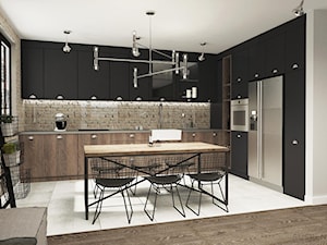 suspenzo_no.23 - Duża otwarta z salonem beżowa czarna z zabudowaną lodówką z nablatowym zlewozmywakiem kuchnia w kształcie litery l, styl industrialny - zdjęcie od suspenzo architectural group