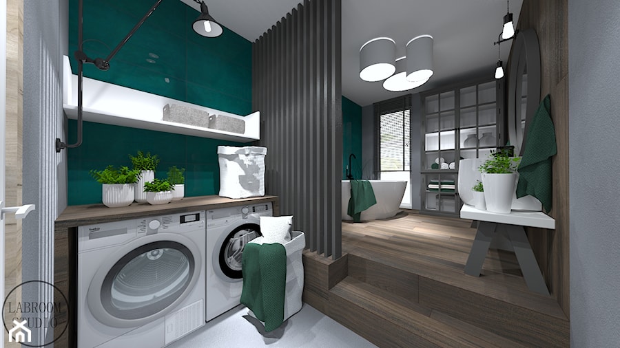 ŁAZIENKI - Duża z pralką / suszarką z lustrem łazienka z oknem, styl nowoczesny - zdjęcie od LABROOM kreatywne studio projektowania wnętrz