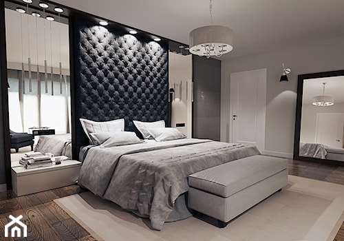 sypialnia 30m2 - Duża biała czarna szara z panelami tapicerowanymi sypialnia, styl glamour - zdjęcie od Pracownia Wielkie Rzeczy