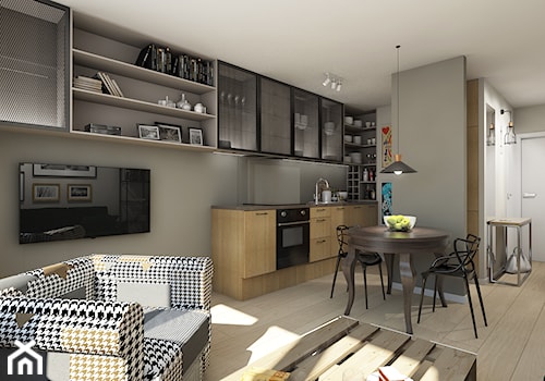 remont 46metrowego mieszkania - Mały szary salon z kuchnią z jadalnią z barkiem z bibiloteczką, styl nowoczesny - zdjęcie od Pracownia Wielkie Rzeczy