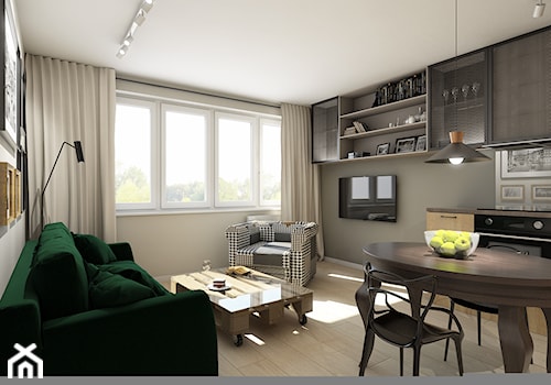 remont 46metrowego mieszkania - Mały beżowy biały szary salon z kuchnią z jadalnią, styl nowoczesny - zdjęcie od Pracownia Wielkie Rzeczy