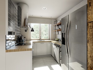 projekt kuchni w domu jednorodzinnym - Średnia zamknięta biała z zabudowaną lodówką kuchnia w kształcie litery u z oknem, styl industrialny - zdjęcie od Pracownia Wielkie Rzeczy