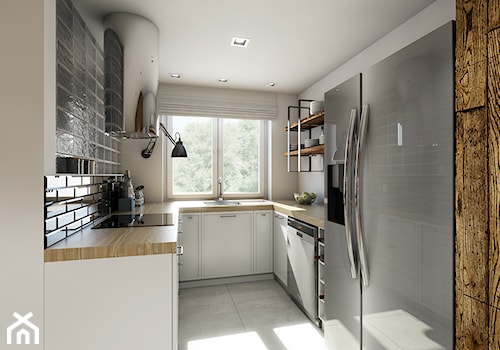 projekt kuchni w domu jednorodzinnym - Średnia zamknięta biała z zabudowaną lodówką kuchnia w kształcie litery u z oknem, styl industrialny - zdjęcie od Pracownia Wielkie Rzeczy