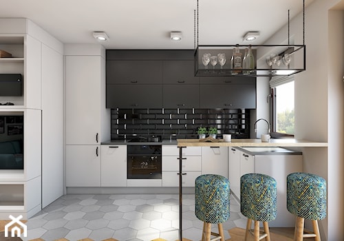 56m2 - Średnia otwarta z salonem biała czarna z zabudowaną lodówką kuchnia w kształcie litery l, styl nowoczesny - zdjęcie od Pracownia Wielkie Rzeczy
