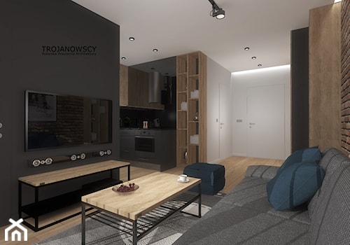 Mieszkanie w Warszawie - Średni brązowy szary salon z kuchnią, styl industrialny - zdjęcie od APA TROJANOWSCY