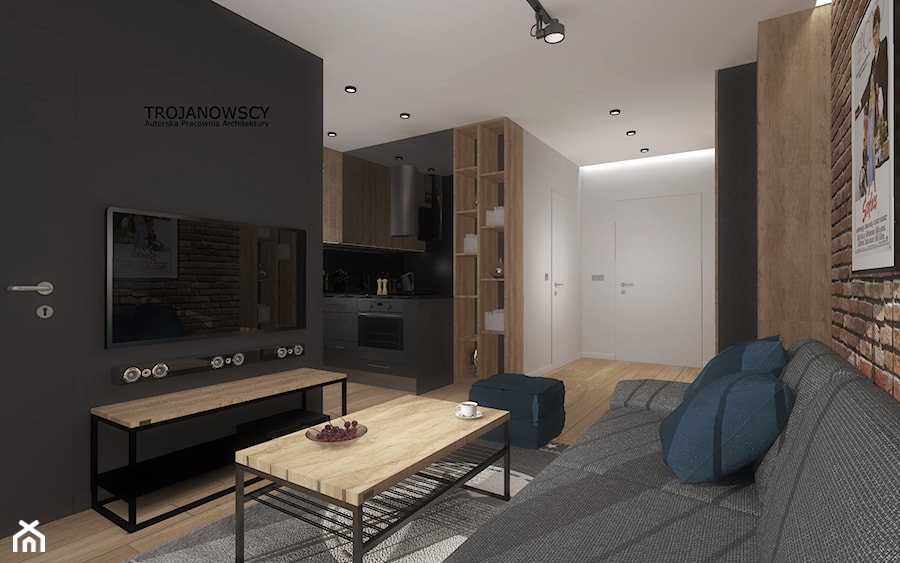 Mieszkanie w Warszawie - Średni brązowy szary salon z kuchnią, styl industrialny - zdjęcie od APA TROJANOWSCY