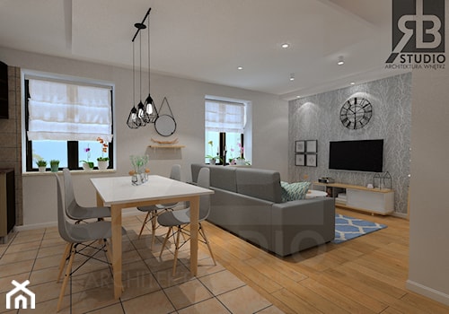 Projekt pokoju dziennego z jadalnia i kuchnią - Duży salon z kuchnią z jadalnią, styl skandynawski - zdjęcie od RB studio Architektura Wnętrz