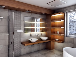 Elegancja i nowoczesność w odcieniach szarości - Duża z dwoma umywalkami łazienka z oknem, styl nowoczesny - zdjęcie od Manufaktura Projektów