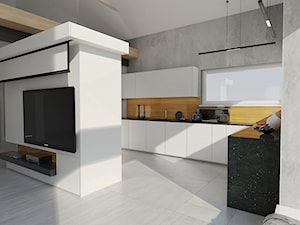 INTERIOR I 1 I 2018 - Duża otwarta z kamiennym blatem szara z zabudowaną lodówką kuchnia w kształcie litery l z oknem, styl nowoczesny - zdjęcie od Manufaktura Projektów